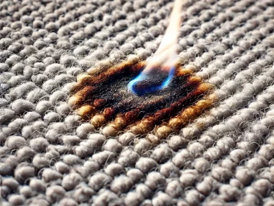 DALL·E 2024-09-26 09.15.05 - A close-up image of a carpet with a small burn caused by a cigarette or iron. The burn mark is localized, showing slight discoloration and a small, da